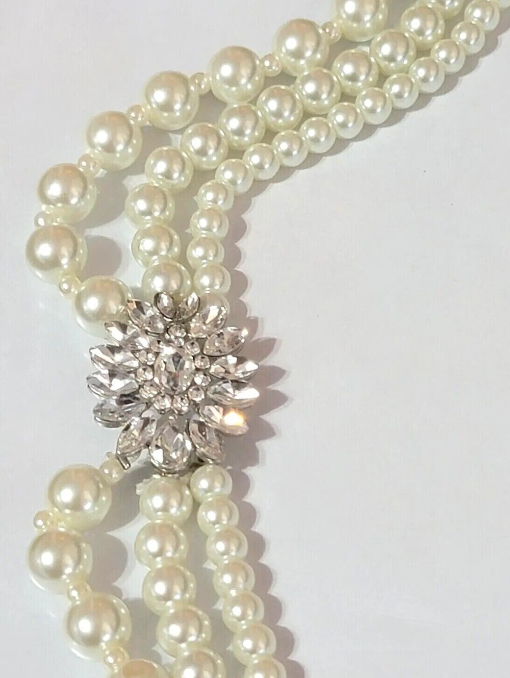 Dramatic Rhinestone Faux Pearl Necklace Special Occasion White Adjustable wh02-1